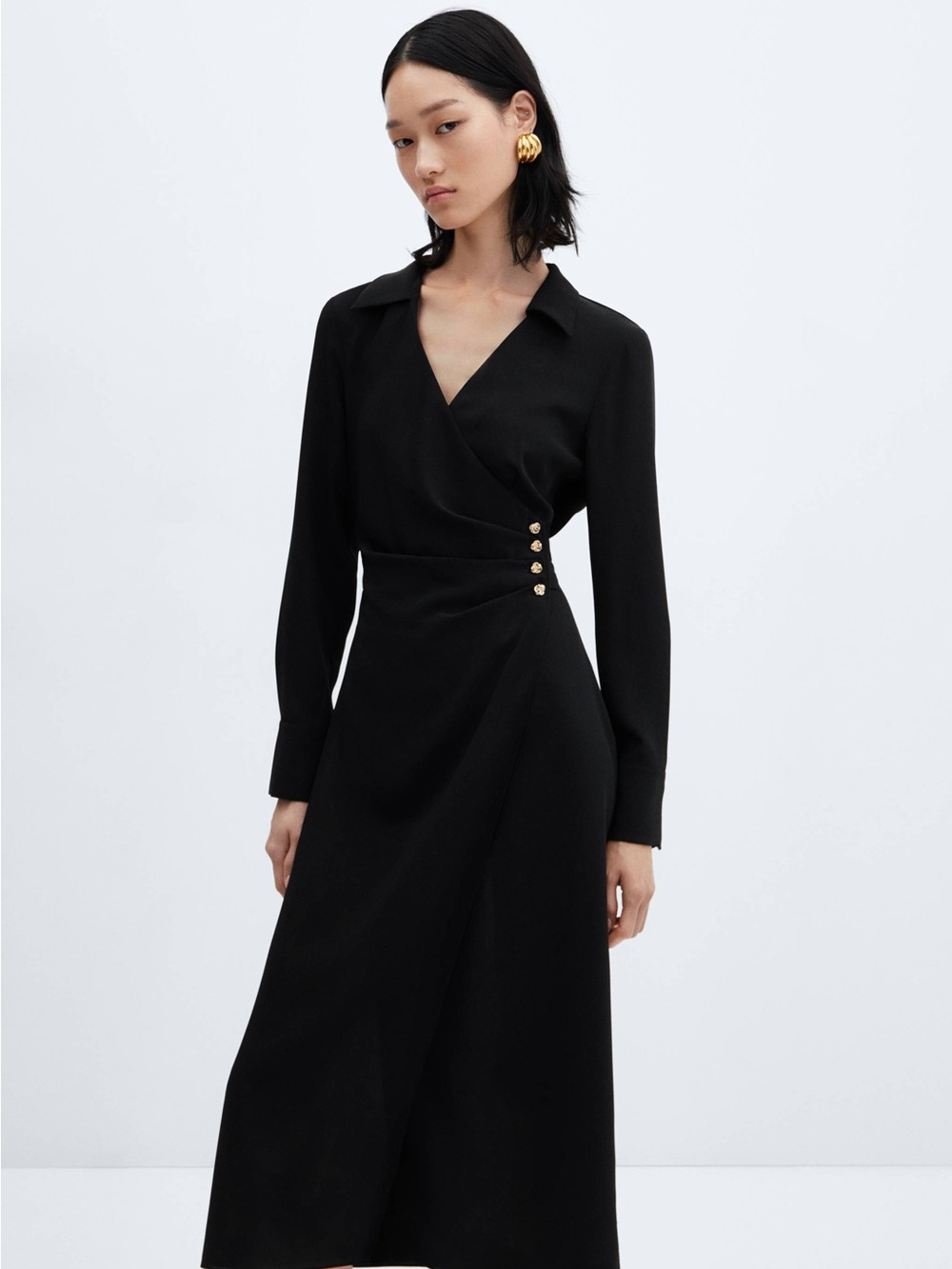 NWT Mango Black Wrap Maxi Dress with Gold Buttons Size XS